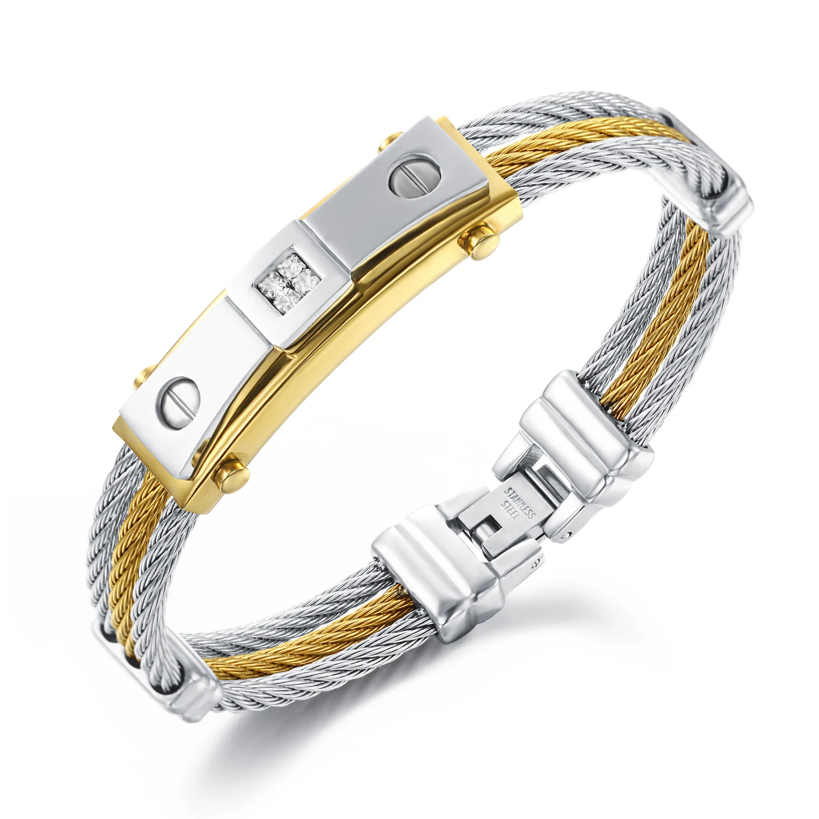 Cable wire screw sign crystal inlay design men bracelet jewelry