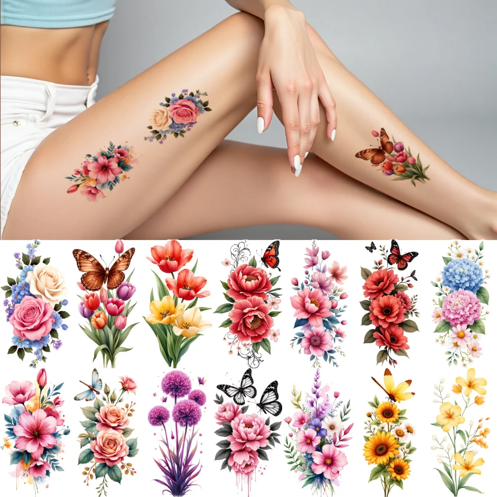 

9pcs Temporary Tattoo Lilies Colorful Floral Arrangements Roses Waterproof Long-lasting Body Stickers Butterflies For Back