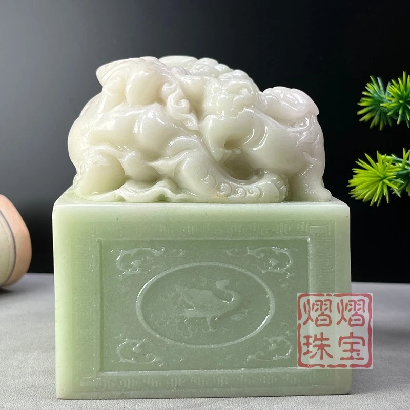 Antiqued imitation jade seals featuring the Four Saints and Four Spirits mythical beasts: Green Dragon, White Tiger, Vermilion B