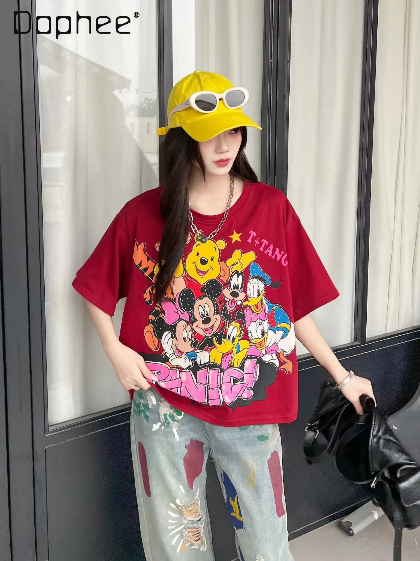 

European Style Hotfix Rhinestone T-shirt Women's Cute Crew Neck Loose Fit Cropped Short Sleeve Top 2026 New Summer Cotton Tee
