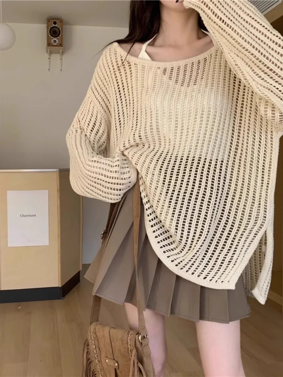 Hollow Out O-Neck Long Sleeved Knitted 2024 Women Solid Color Pullover Autumn Winter New Casual Loose Appear Thin Sweater Top