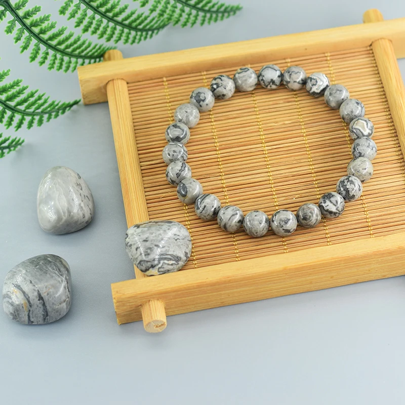 Real Natural Gray Picasso Map Stone Round Beads Stone Beads Bracelet Homme Energy Healing Jewelry for Women Yoga Meditation Gift