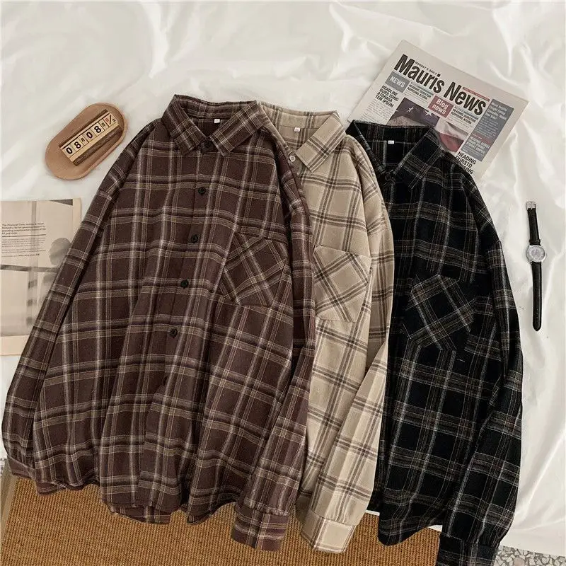 

Plaid Shirts Vintage Long Sleeve Oversize Button Up Shirt Korean Fashion Casual Single Breasted Button Blouse Fall Outwear Tops