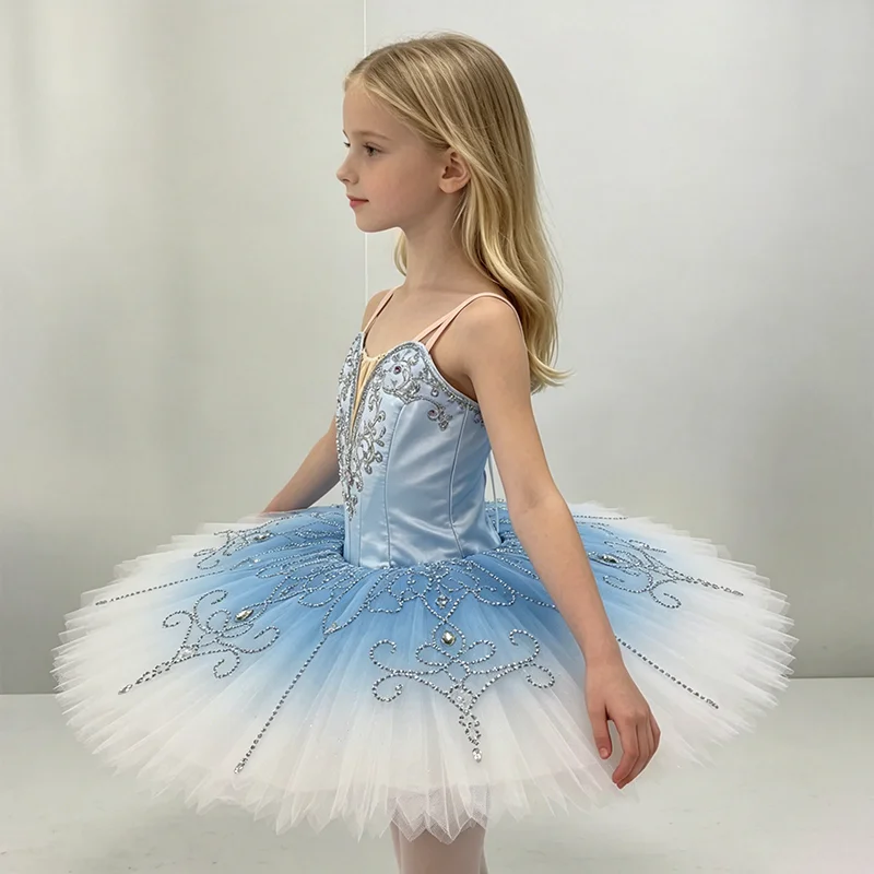 Womens Thin Strap V Neck Ballet Tutu Performance Dress Rhinestone Vine Scroll Trim Light Blue White Gradient Glitter Skirt Suita