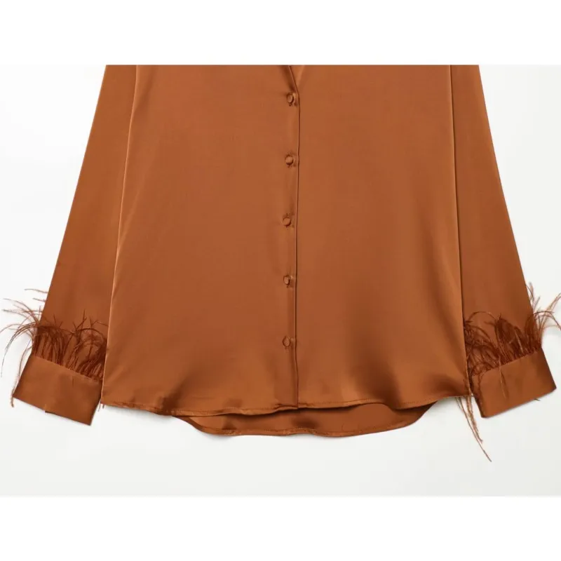 Femmes plume Satin Blouse décontracté printemps été col rabattu à manches longues bouton chemise femmes hauts femme chemise et chemisiers