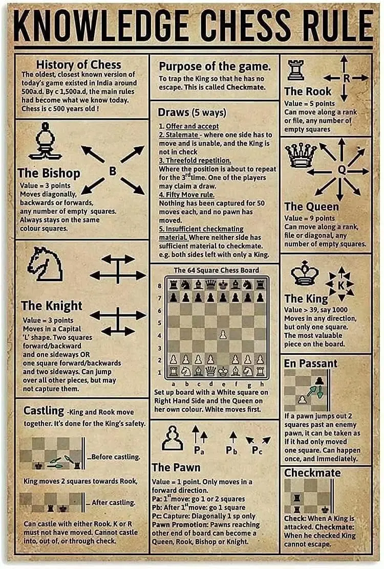 Affiche Métallique sur les Règles des Échecs, Historique des Échecs, Plaque Métallique Vintage en Aluminium pour École, Club, Café, Bar, Cuisine, Maison