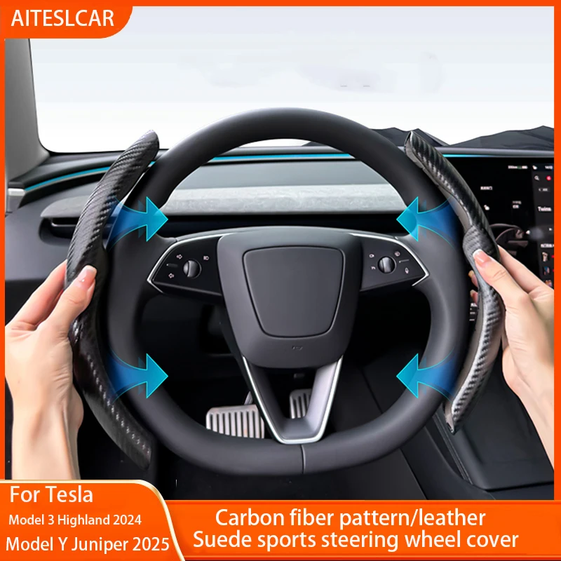 

For Tesla Model 3/Y Highland Juniper2025 Steering Wheel Cover Carbon Fiber Leather Anti-Fur Sport Steering Wheel Car Accessories