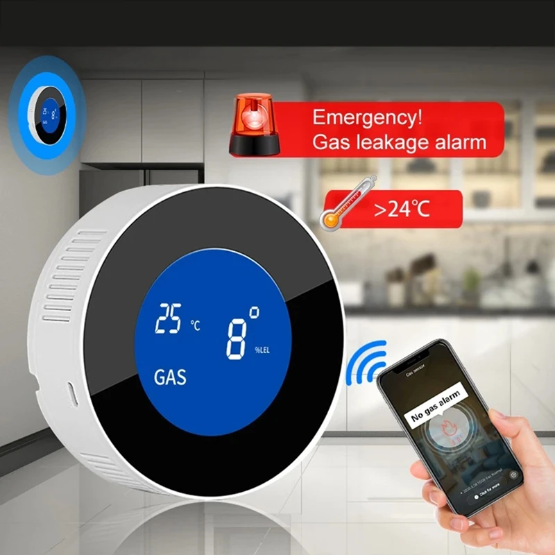 Cozinha Gás Natural Leak Alarm Sensor, Sensor de Temperatura, Display Digital LCD, Som Siren, Wi-Fi, Tuya Função App, Hot, TTKK