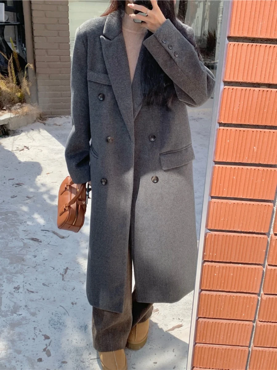 

plus Size Women's Woolen Suiting Coat Medium Length Korean Style Loose Fit Autumn Winter Fashion Casual Lapel Long Sleeve