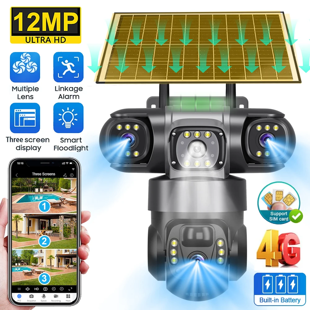 

V380 Pro Solar Power Camera Support 4G Sim Card Triple Lens PIR Human Detection CCTV Surveillance Video Monitor Built in Battery