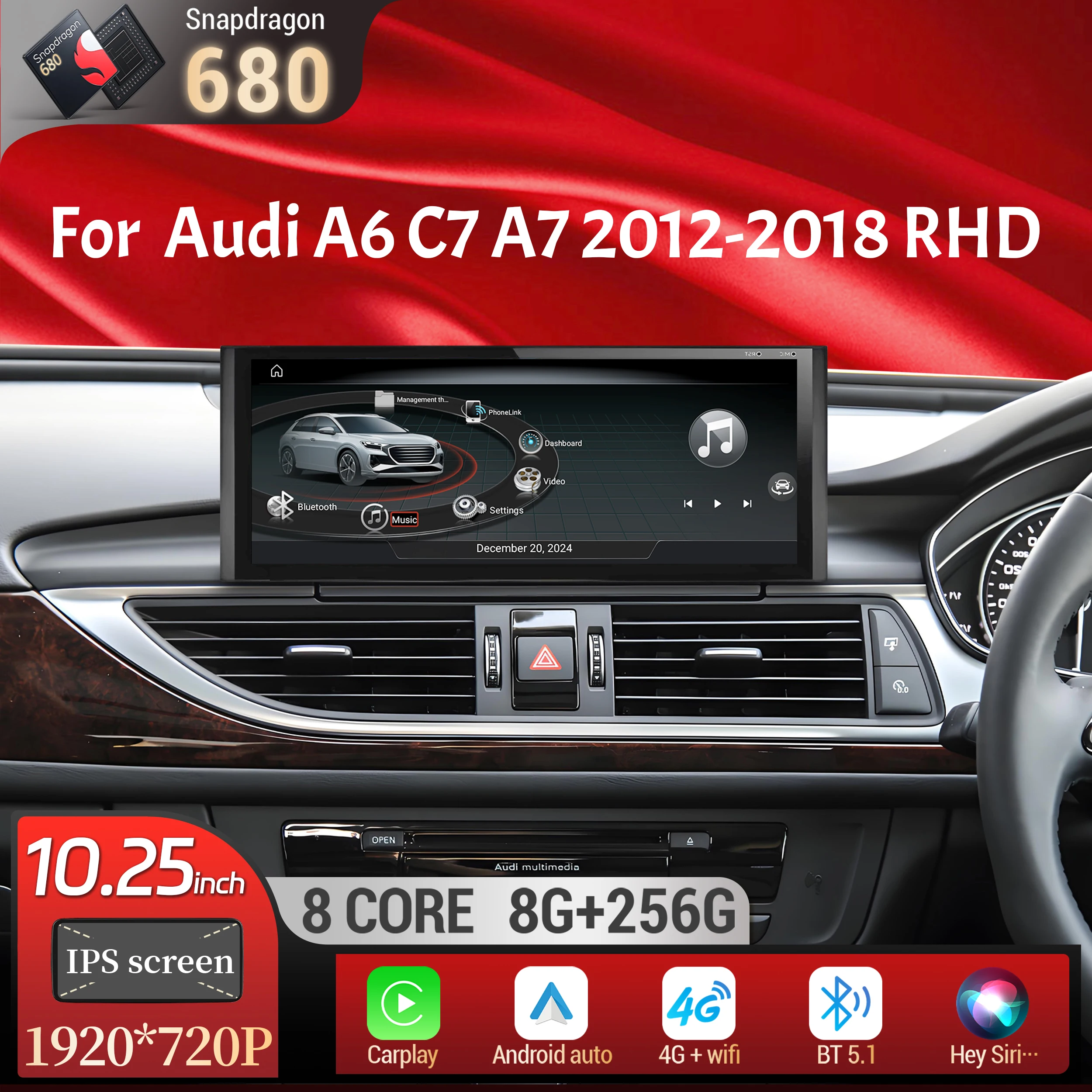 

10.25 inch Right Hand Drive Android 14 Car Radio Wireless BT Carplay Qualcomm Snapdragon 680 Screen For Audi A6 C7 A7 2012-2018