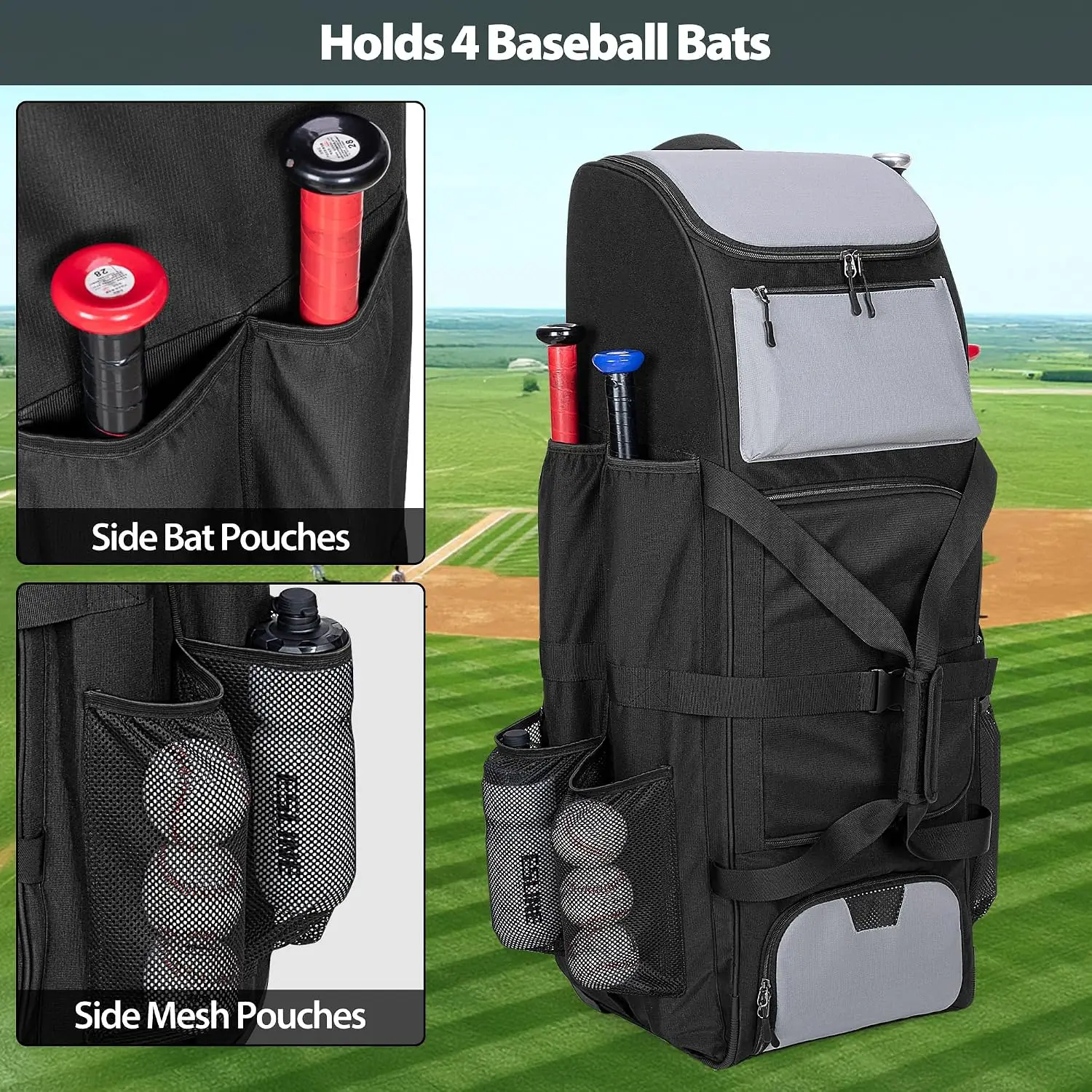 Rolling Baseball Bag Large Softball Catchers Gear Bag With Wheels Softball Equipment Bag Holds Four Bats Shoe Compartment Glove Pocket Baseball Catchers Bag With Hook view 2