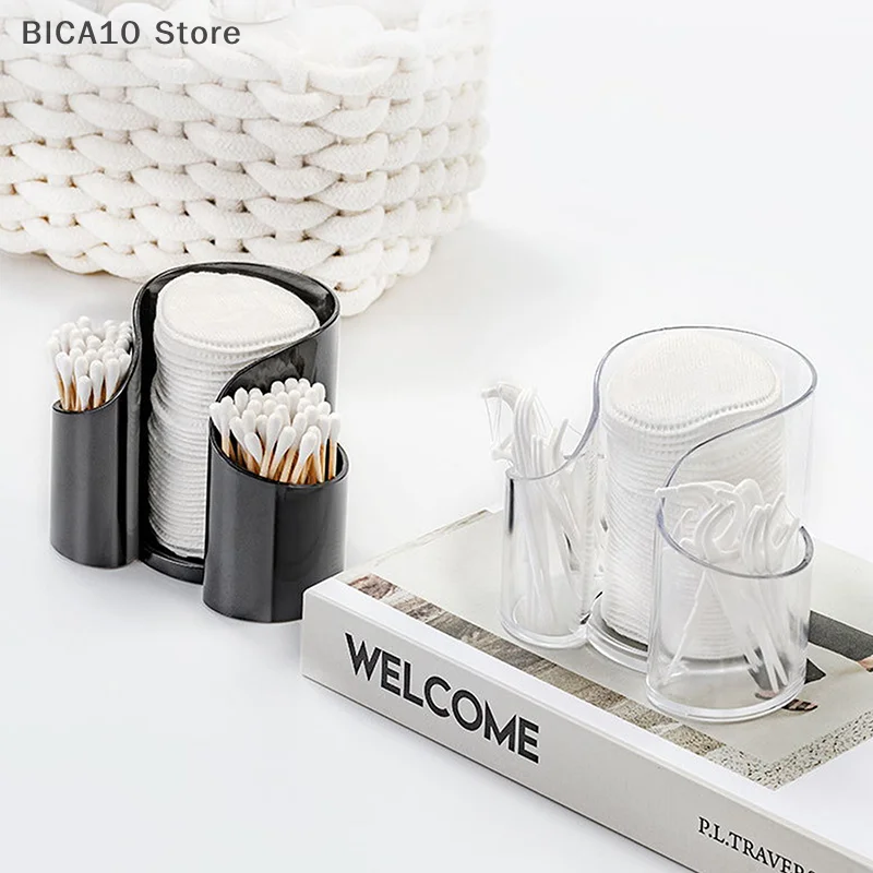 Dispensador de bastoncillos de algodón con 2 compartimentos, hisopos de algodón, soporte redondo para almohadillas, organizador de contenedores de baño, plástico
