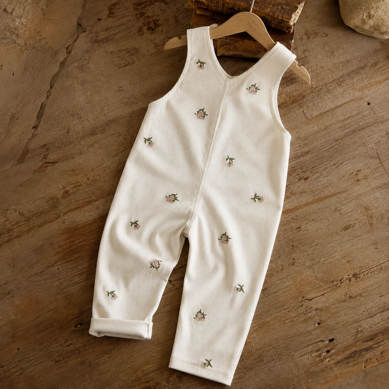 Toddler Girls Floral Embroidered Ribbed Overalls V Shape Back Sleeveless Jumpsuit Infant Spring Autumn Casual Outfit Pants
