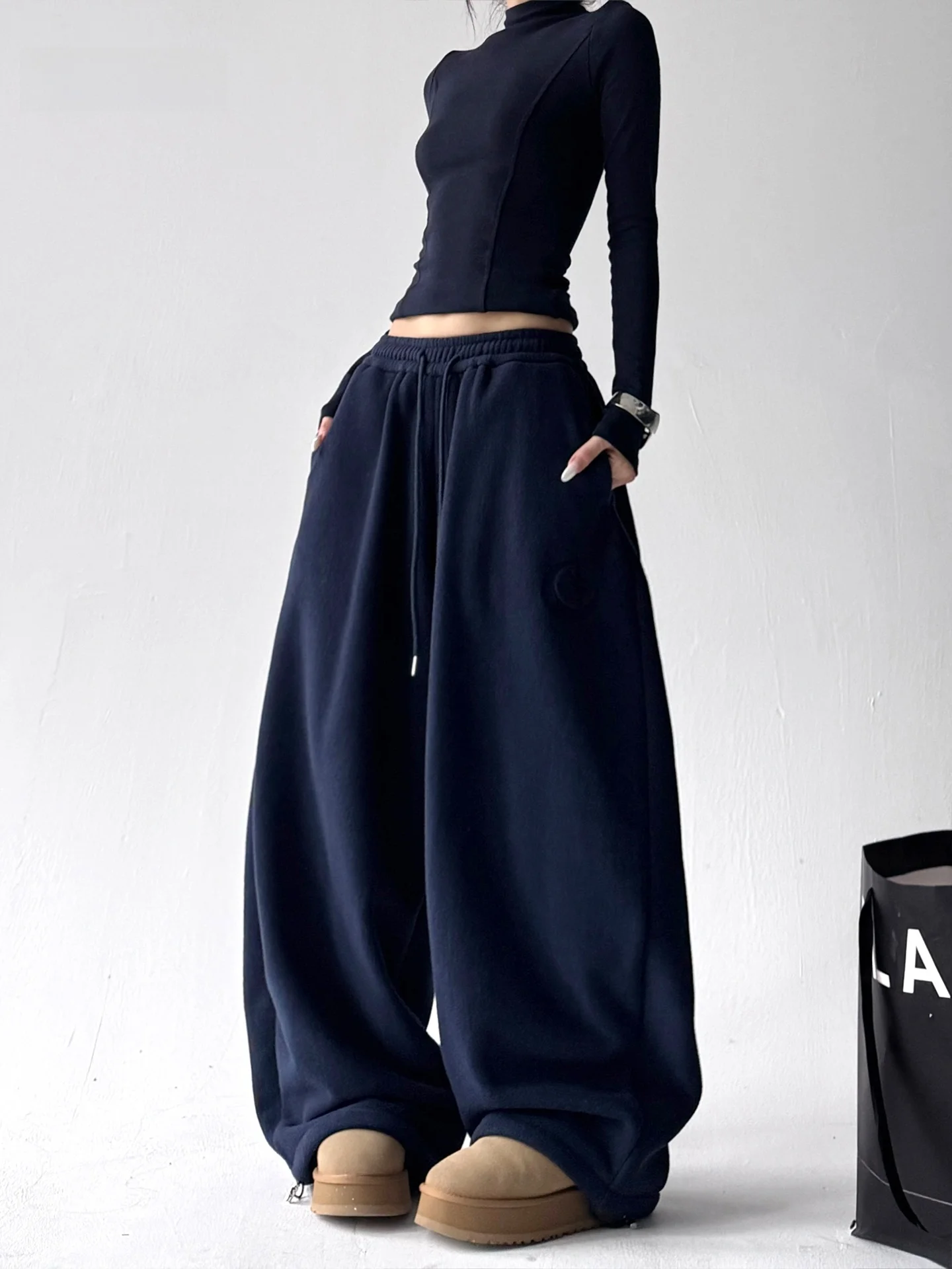 Lose Fce Gefüttert Breite Bein Jogginghose frauen Spor Casual Hosen Hohe Taille Polyester Faser Retro Sle Herbst Winter Neue