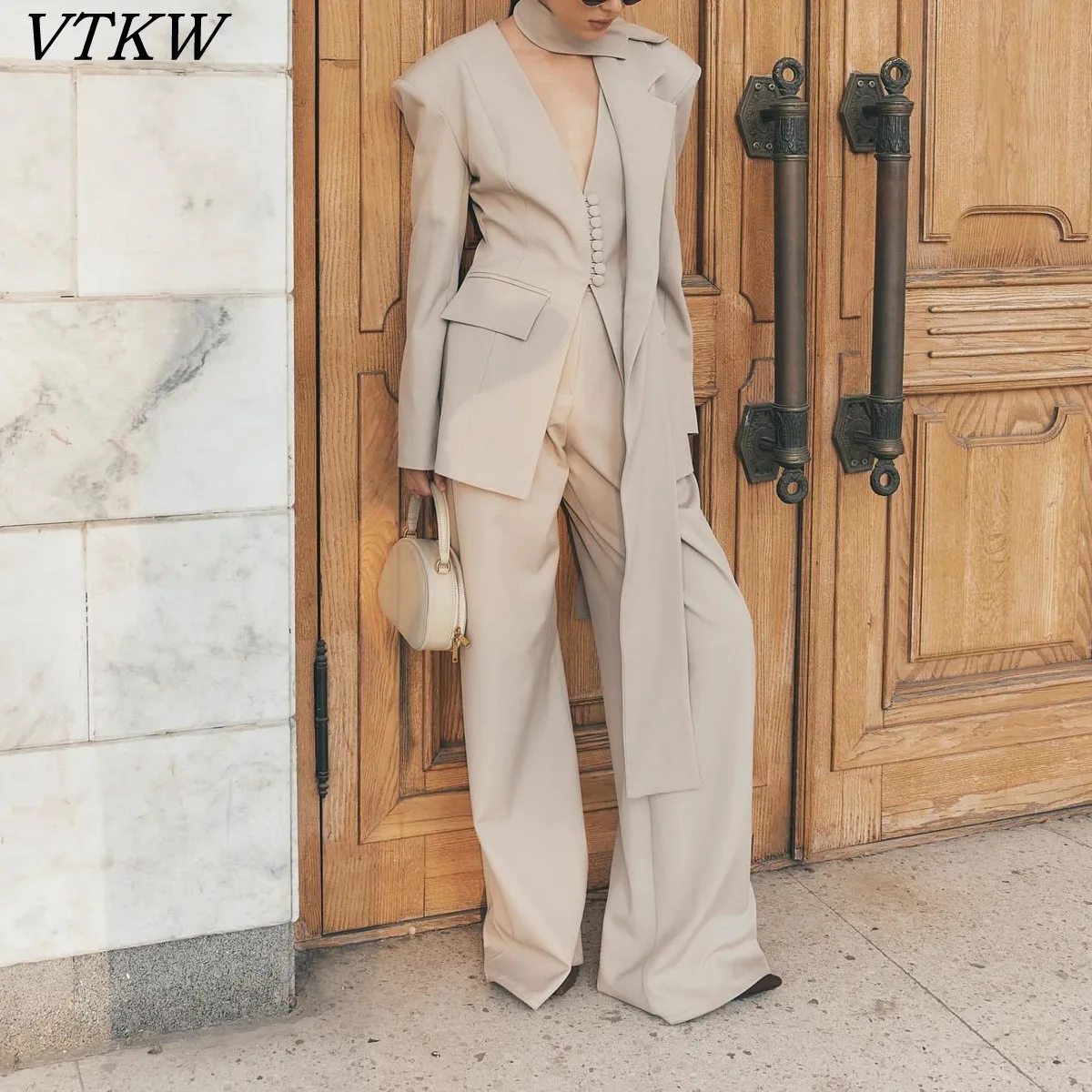 

BJTZ 2025 Women's Solid Color 2 Piece Set New Elegant Vintage V-neck Ribbon Tie Blazer High Waist Wide Leg Pants Spring Autumn