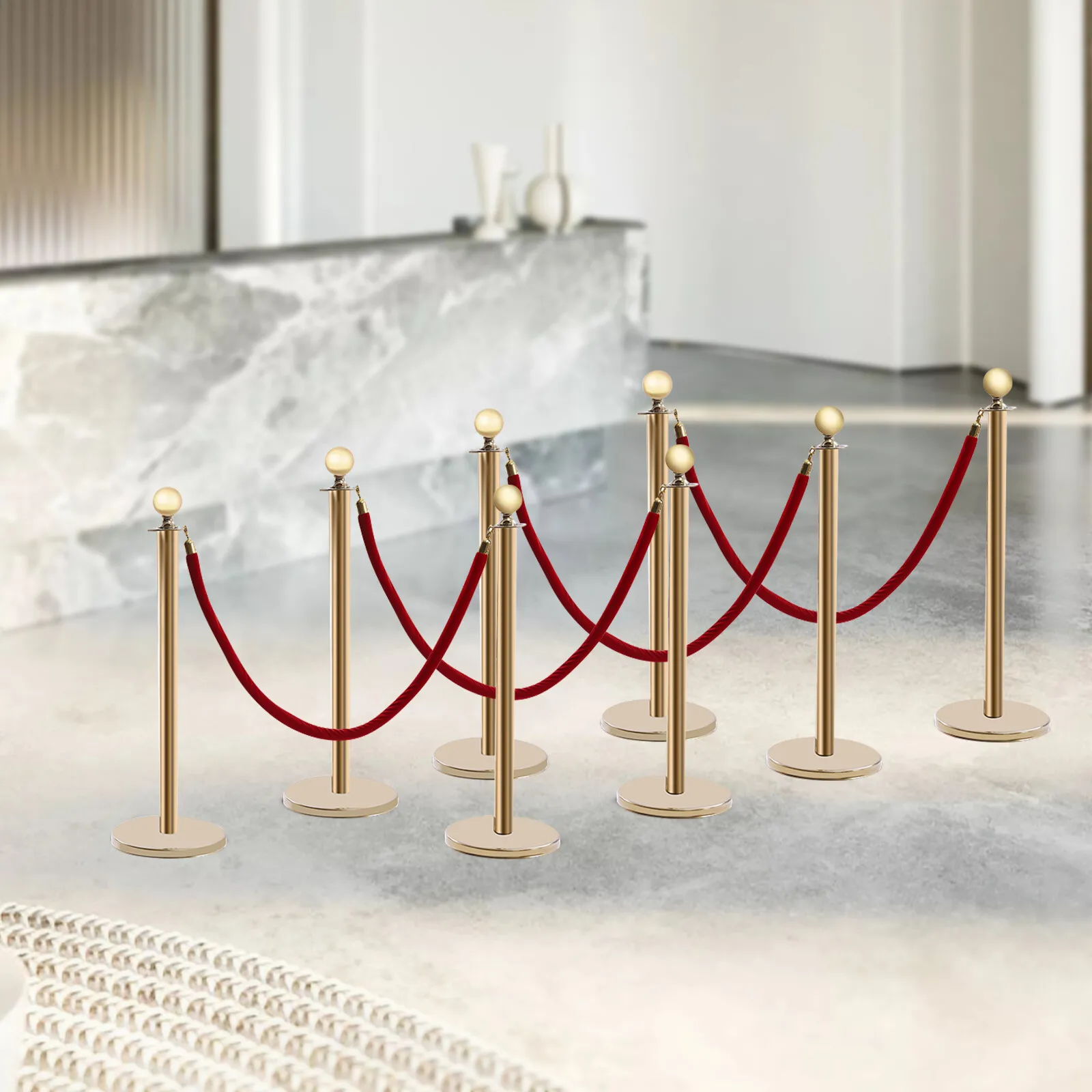 Gold&Red 8-Piece Stanchions With Ropes(Flexible&Secure) - Four-Way Top Connection&Customizable Layout, Rope End Buckles