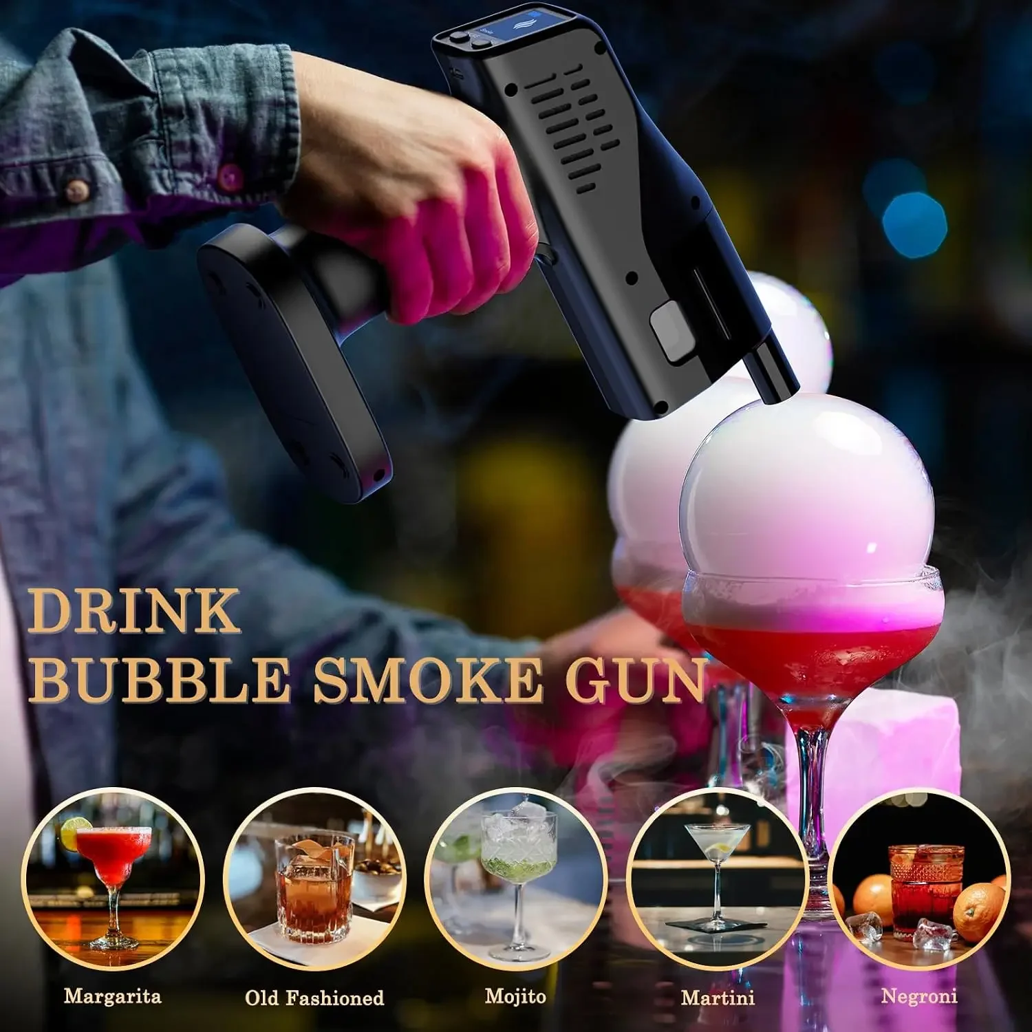 Cocktail Bubble Smoke Gun Aroma Kit Black | Flameless Drink Smoker, 2 Modes Color Screen, 5000mAh Battery, For Bartender Home Pa