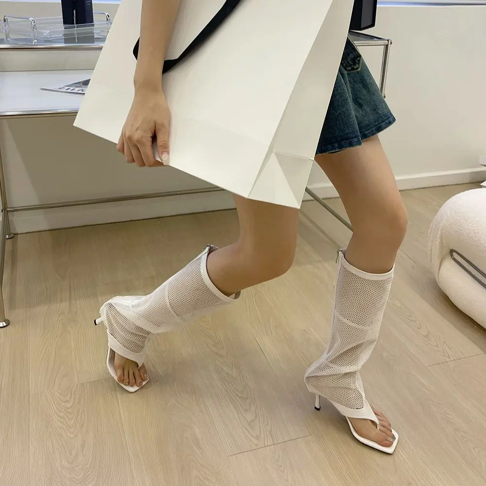 Fashion Women Knee High Boots Air Mesh Thin High Heels Summer Dress Shoes Back Zipper Clip Toe Fashion Party Pumps Size 35-39