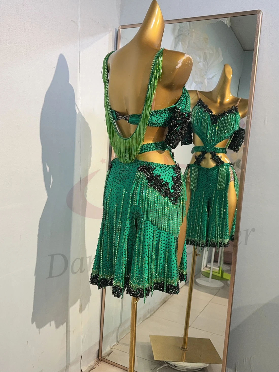 Traje de dança latina strass feminino high-end personalizado verde diamante tira saia dividida samba desempenho vestido