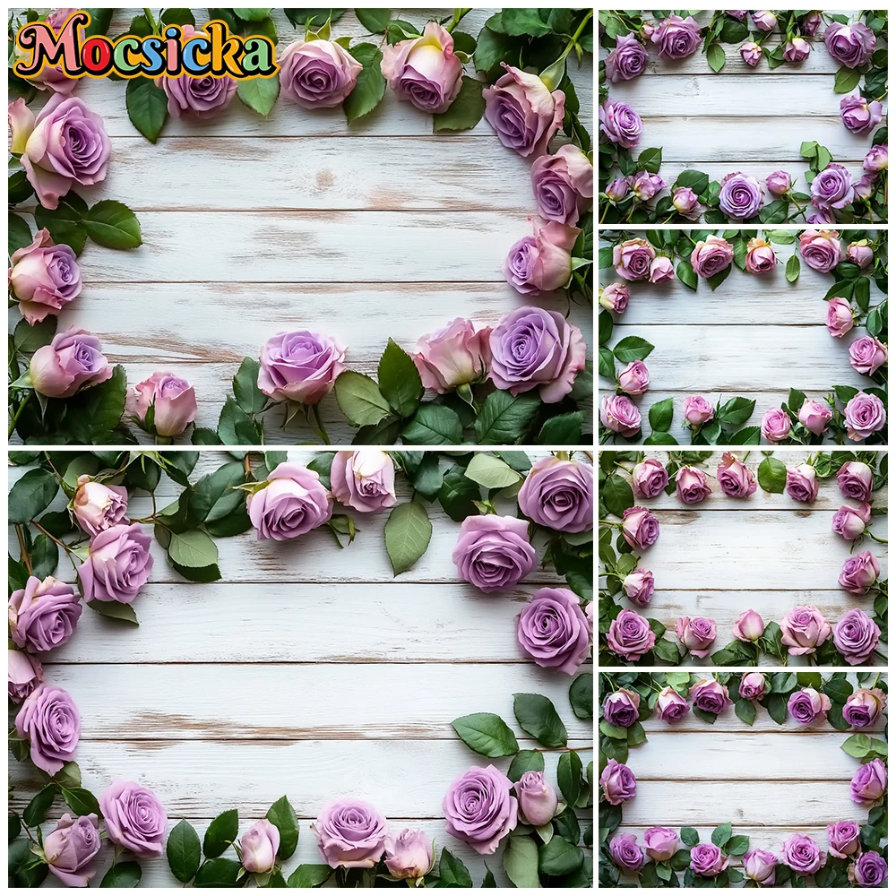 Mocsicka Backgrounds For Photographs White Wooden Board Floor Backdrop Purple Flowers Decors Kid Portrait Photo Studio Wallpaper