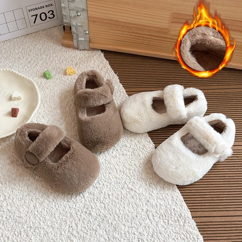 

Детская удобная нескользящая хлопковая обувь для девочек, балетки на плоской подошве, зима 2025, роскошные теплые плюшевые туфли Мэри Джейн с искусственным мехом норки