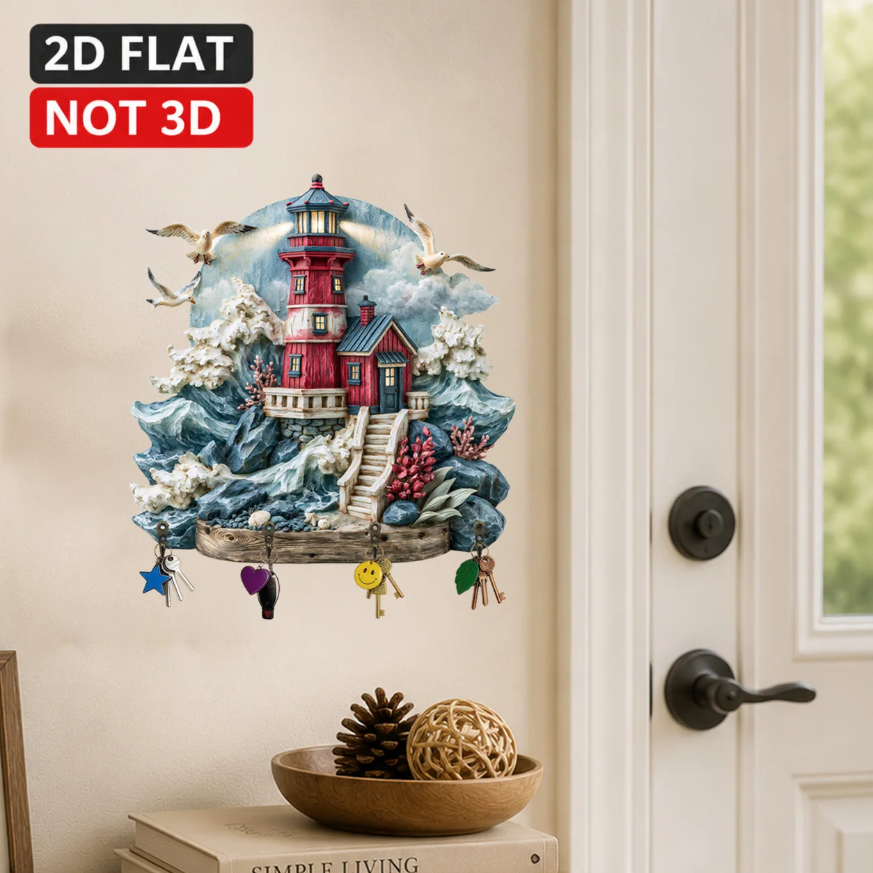 2D Flat Not 3D,1PC Red Lighthouse Ocean Key Holder,Romantic Coastal Decor,4 Hooks,Color Entry Storage,Gift,Parts,Manual Build