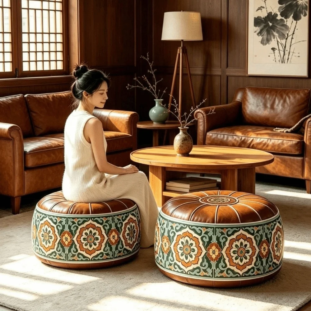Space Saver Boho Style Sofa Stool Cover Unstuffed PU Leather Storage Ottoman Foldable Large Capacity Pouf Cover Bedroom