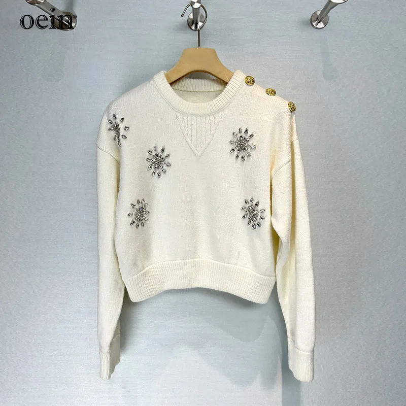 [oein] Wind Heavy Industry Diamond Inlaid Knitted Three Dimensional Round Neck Sweater, Temperament Matching Hoodie, Short