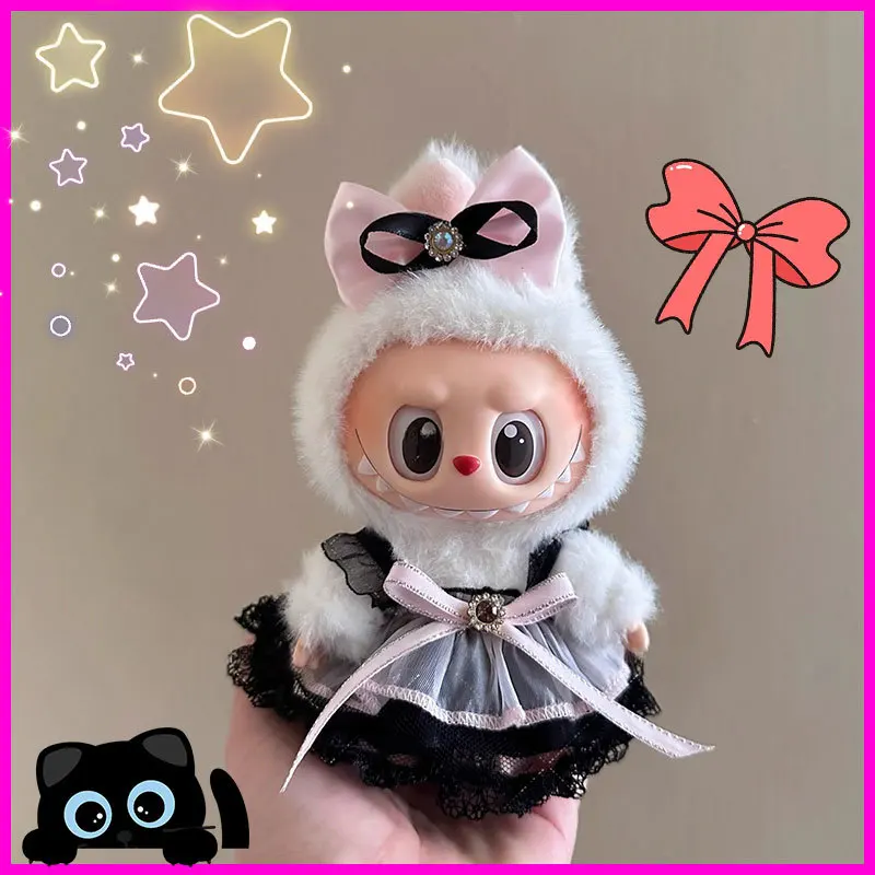 

Для Labubu 17-см мини-плюшевое кукольное платье, аксессуары, розовое яркое шелковое марлевое платье с бантом, милое платье с рисунком идола, подарок-сюрприз