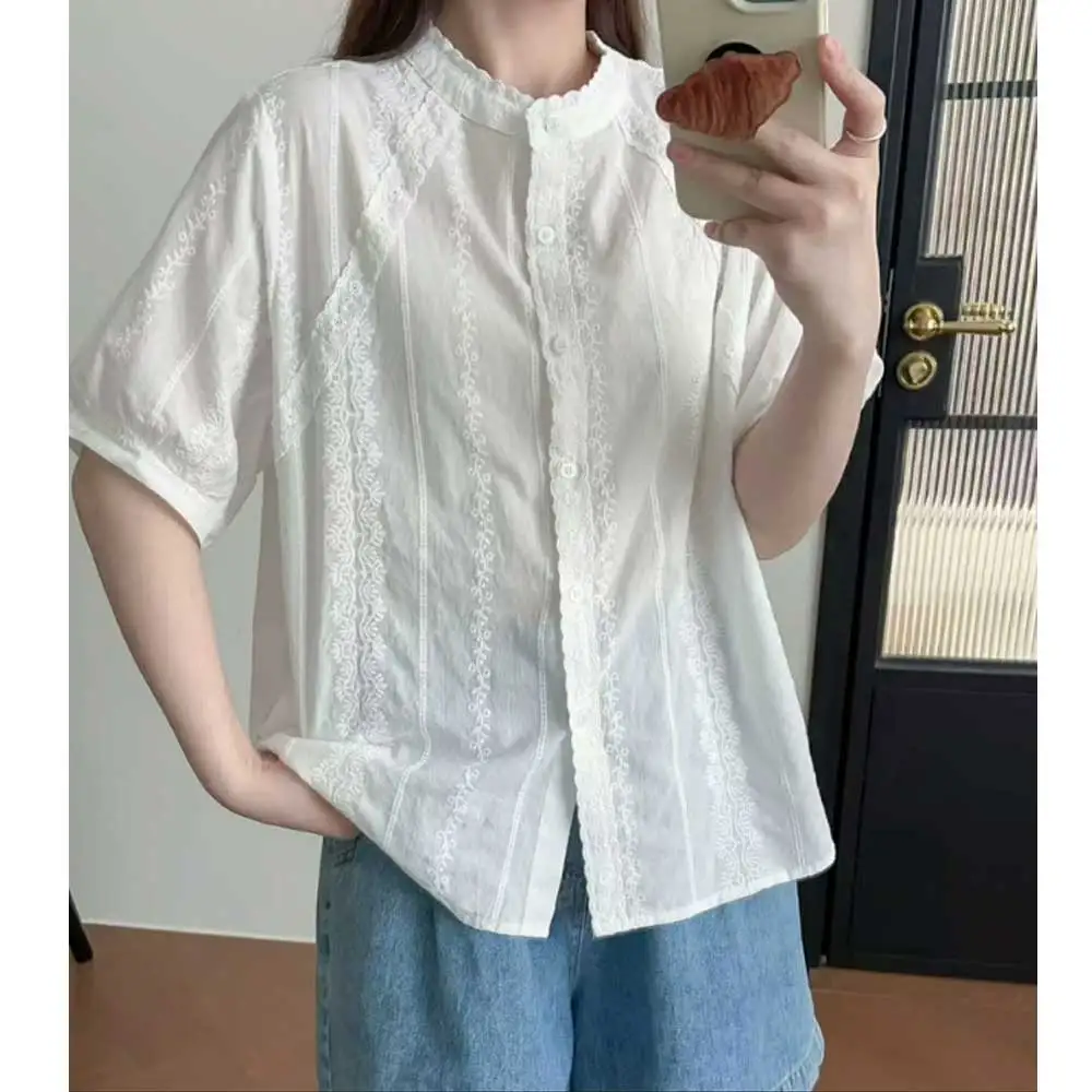 

Japanese Sweet Mori Girl Solid Color Embroidery Jacquard Shirts Women Summer Stand Collar Short Sleeve Casual Loose Blouse Tops