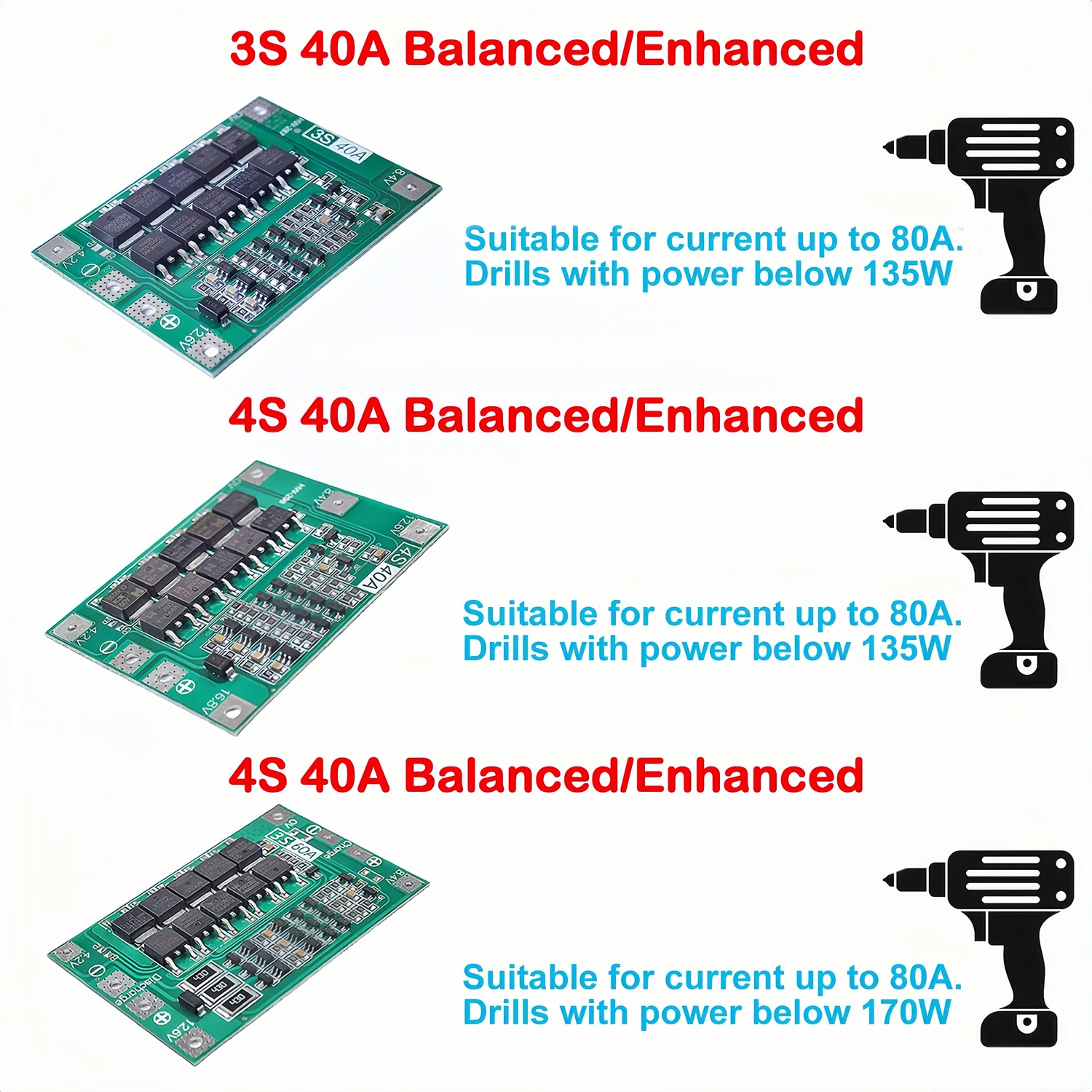 3S 4S 40A 60A Lithium Battery Charger Protection Board 18650 BMS Li-ion Enhance/Balance For Drill Motor 11.1V 12.6V/14.8V 16.8V