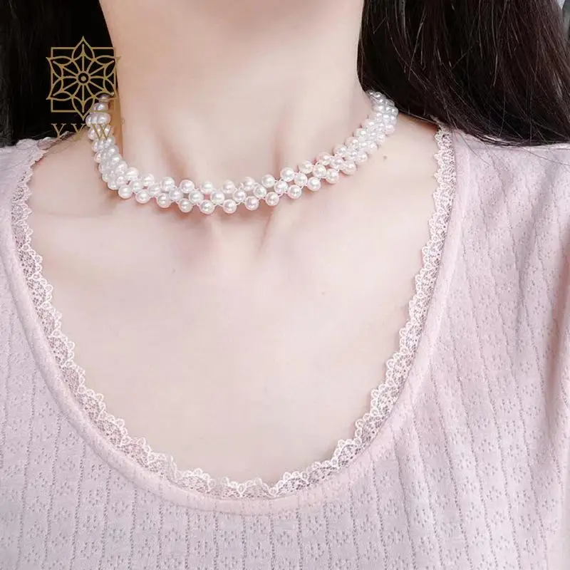 

Fine Freshwater Pearl Necklace For Women Handmade White 4-4.5mm Pearl Beads Choker Clavicle Chain Ladies Short Layered Neck Lace