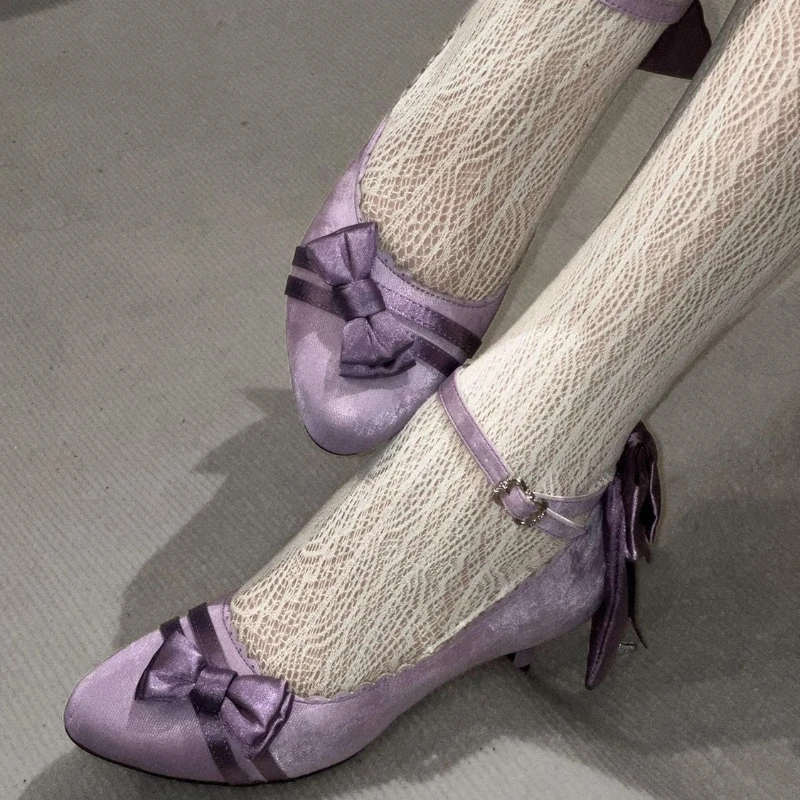 Japanese Vintage Elegant Lolita Mary Jane Shoes Wome Sweet Pointed Tip Bow Velvet Thin High Heels Chic Birthday Tea Party Pumps