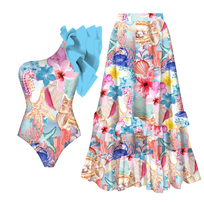 2025 Floral Print Shoulder Ruffle One Piece Swimsuit With Cover Up Women Swimwear Sexy Swim Suit Monokini Bodysuit Bathing Suit