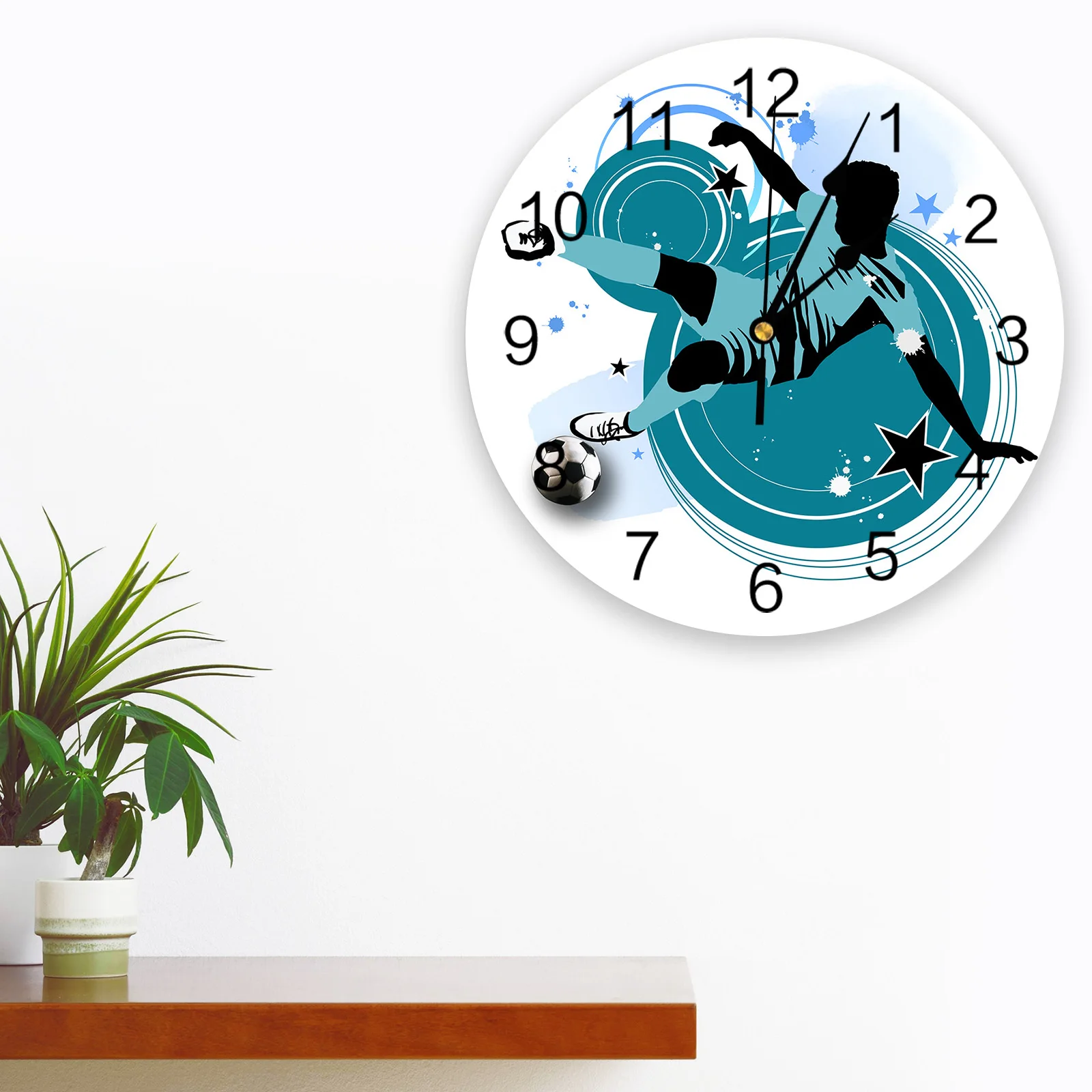 Sports Football Player Silhouette Black Blue Printed Wall Clock Modern Silent Clock Living Room Home Decor Wall Hanging Watch