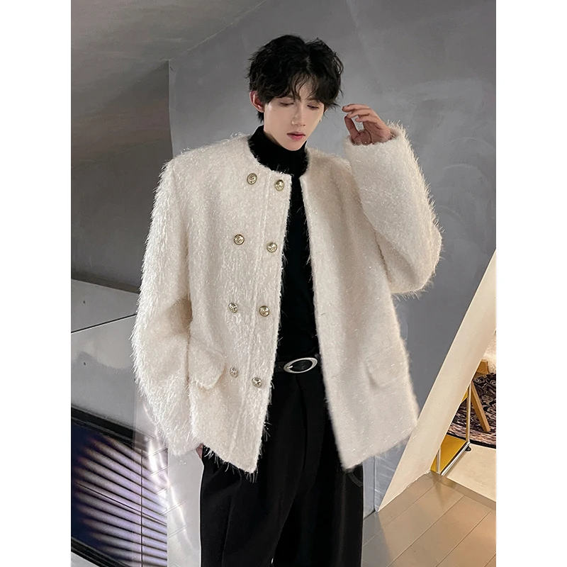 2024 Autumn Winter Male Light Luxury Handsome High-end Collarless Jacket Tops Men\'s Double-breasted Small Fragrant Plush Jackets