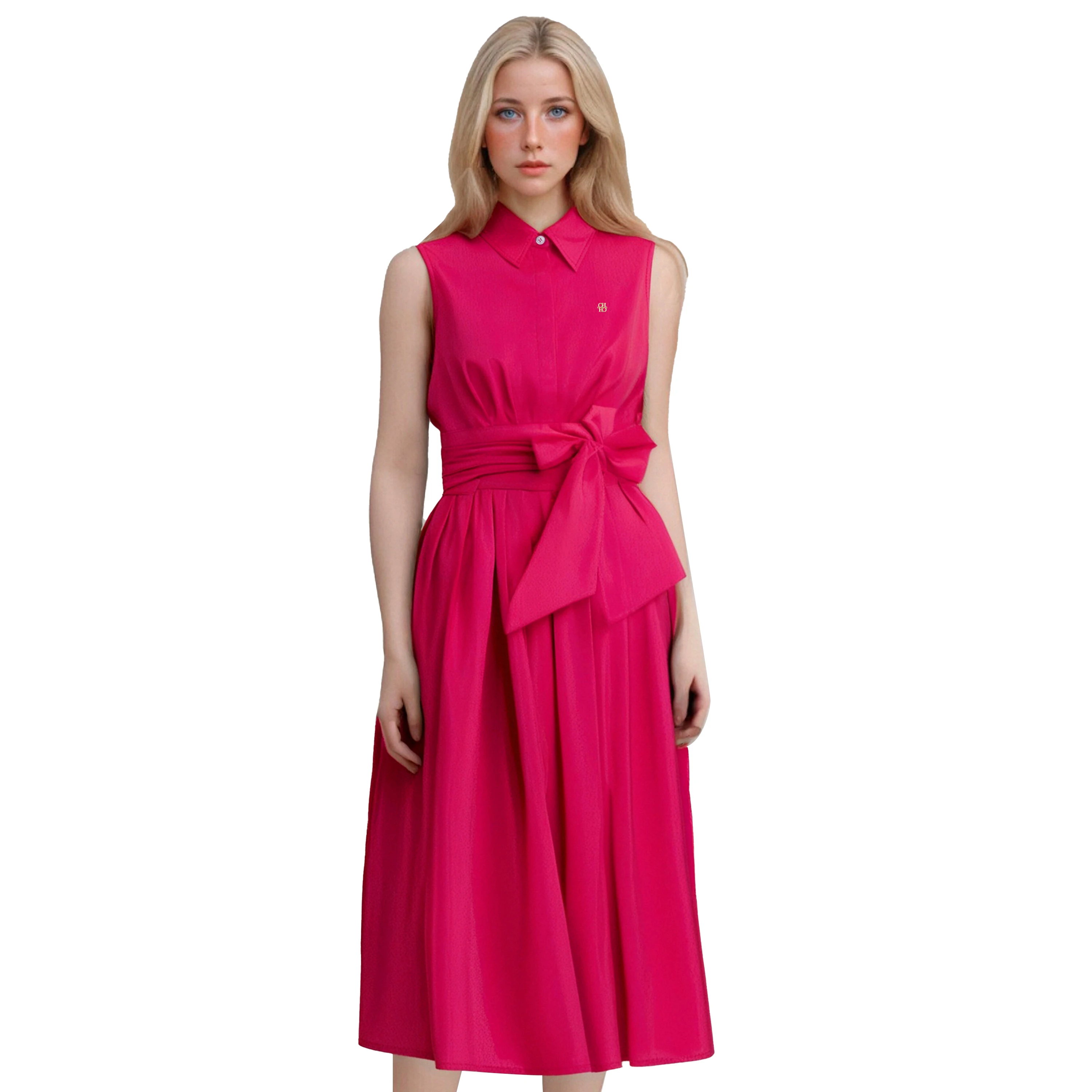 Vestido de verano para mujer, sin mangas, informal, con solapa, camisa, cinturón con lazo, Color sólido, línea A, moda, hebilla de Metal, vestidos femeninos