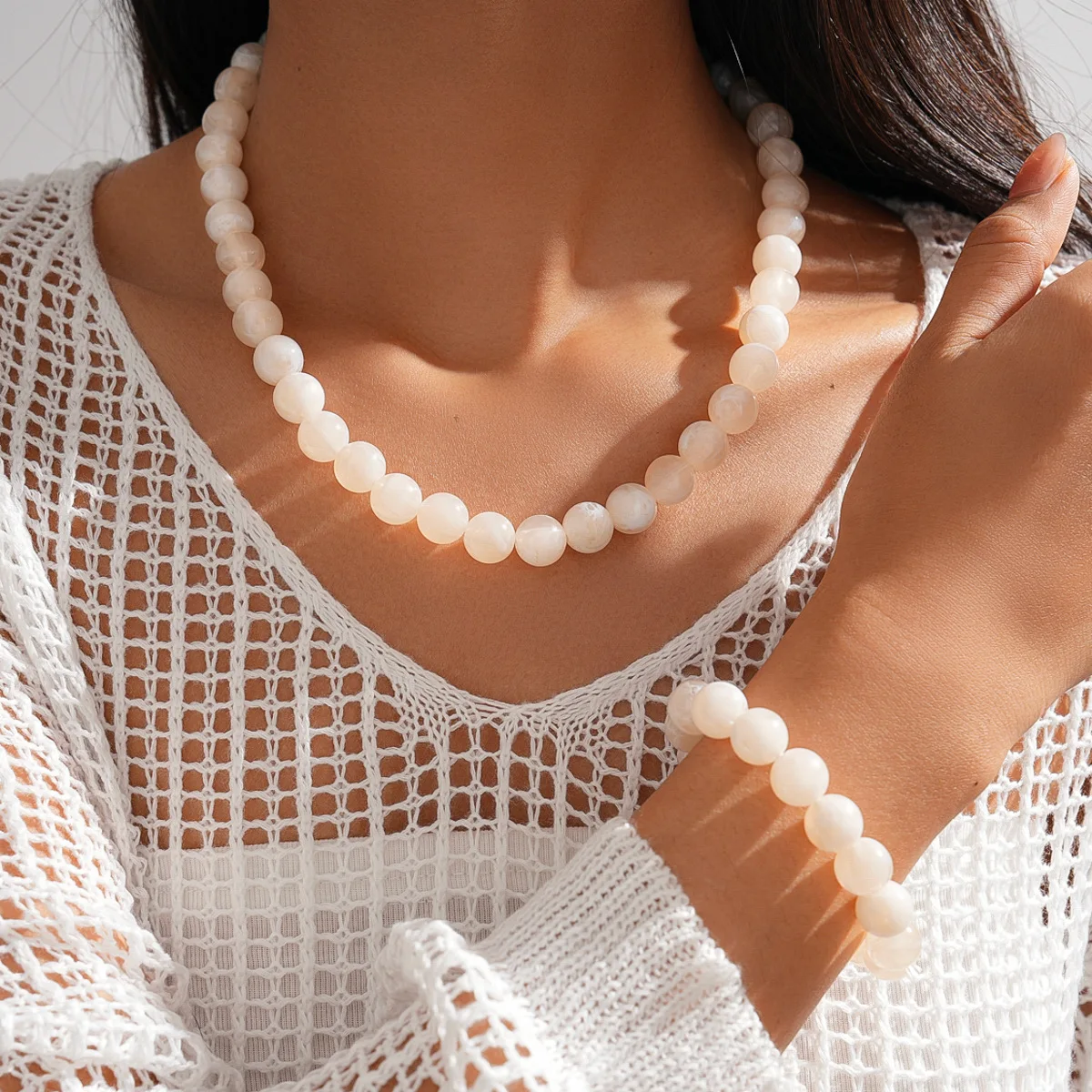 Women's Retro Elastic Round Bead Chokers & Bracelets Set