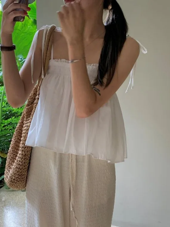 

Fashionable Off-Shoulder Ruffle Detail Loose Women's Vest Top Summer Outerwear Chic Pure Desire Style Casual Wear