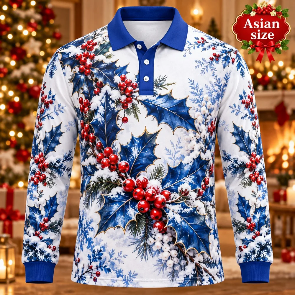 Holly Berry Botanical Long Sleeve Polo Shirt for Men 3D Print Polyester Holiday Graphic Festive Casual Winter Party Gift