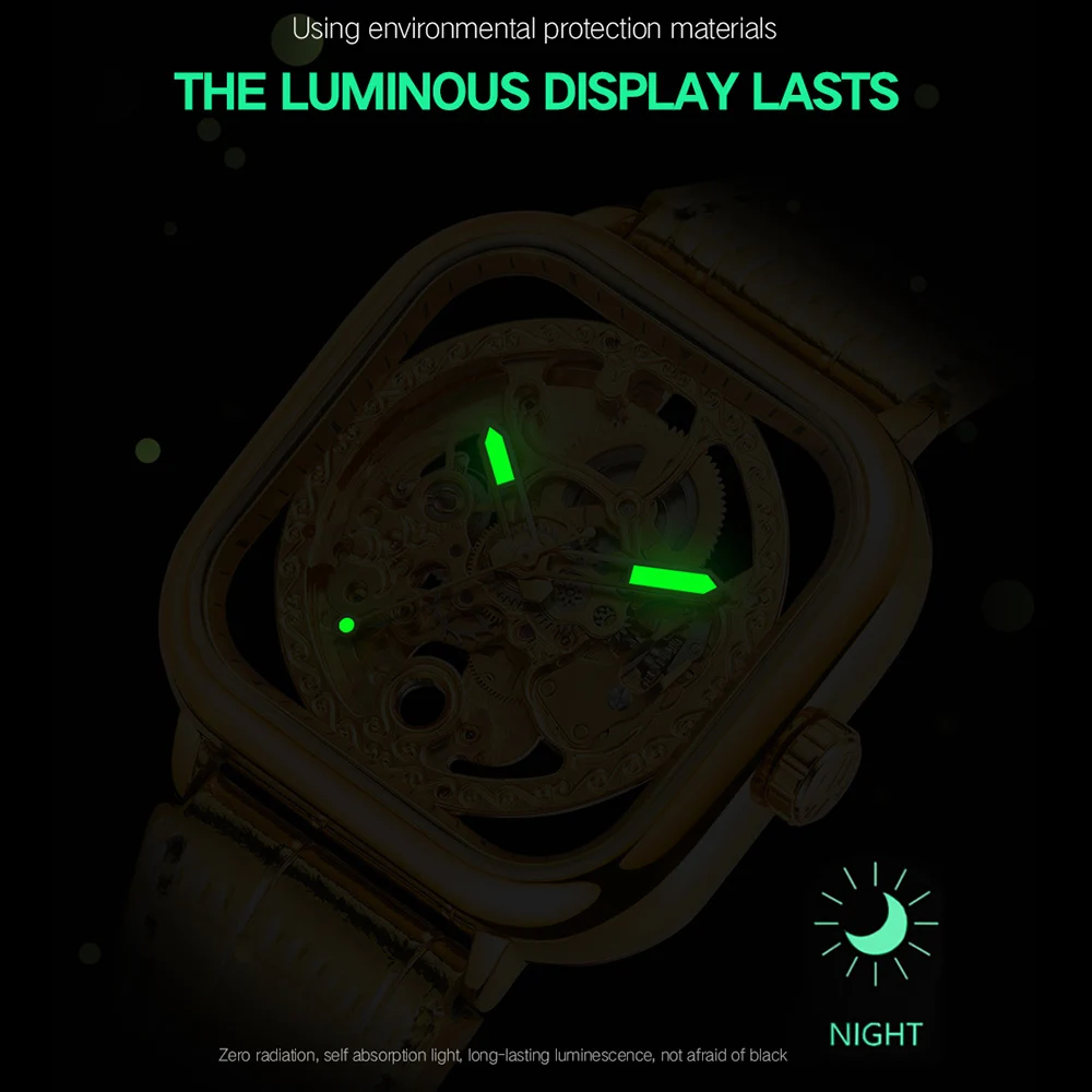 FORSINING Blue Engraved Men Automatic Skeleton Mechanical Watches Luminous Hands Hollow Carving Casual Mesh Steel Band Man Clock