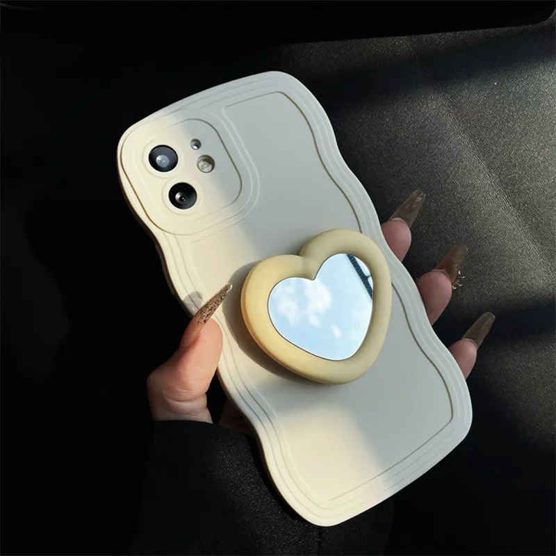 Heart Mirror Holder Liquid Silicone Wave Phone Case For Samsung Galaxy A72 A52 A42 A32 A22 A12 A02 4G 5G A7 2018 A14 A04E Cover