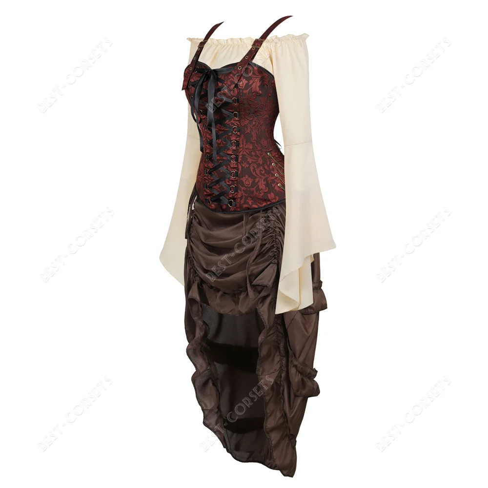 Sexy Pirate Corset Dress Skirt Plus Size Steampunk Corset Top Lace Up Off Shoulder Blouse Medieval Halloween Costume for Women