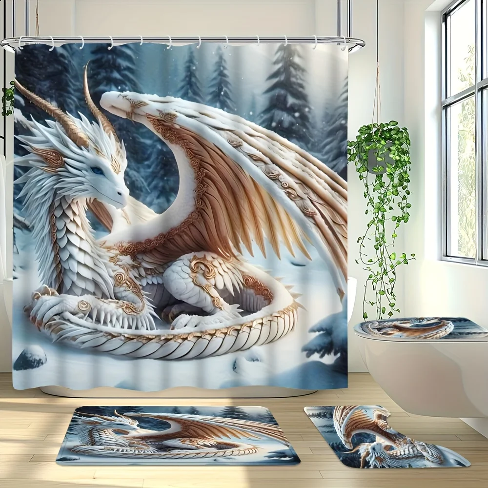 

4pcs Shower Curtain Set with Golden Dragon Crouching in Snow, Home Decor Bath Mat with 12 Hooks, Non-Slip Bathroom Rug, Toilet