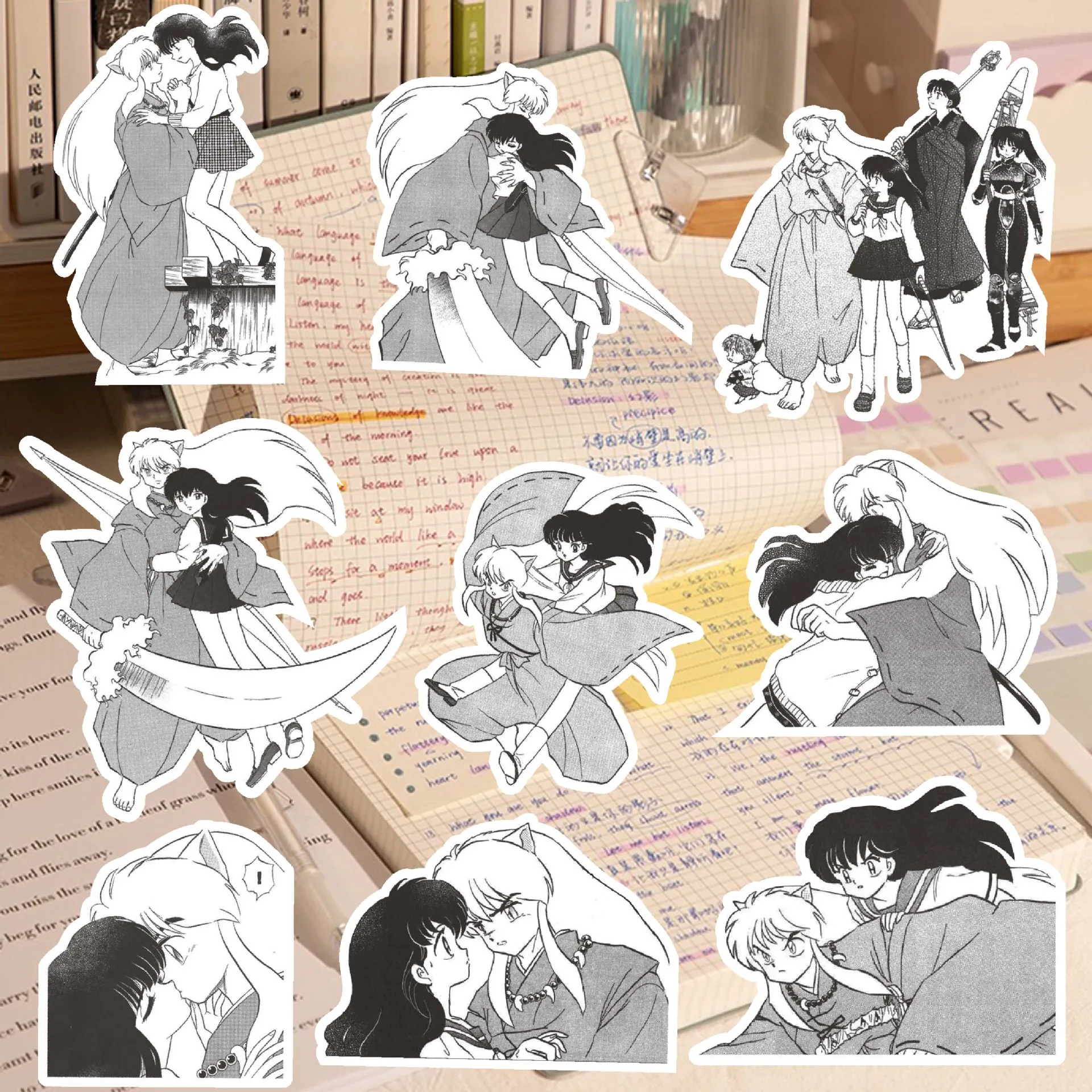 68pcs Black and White Inuyasha Cartoon Stickers Water Bottle Notebook Waterproof Stickers Decoration