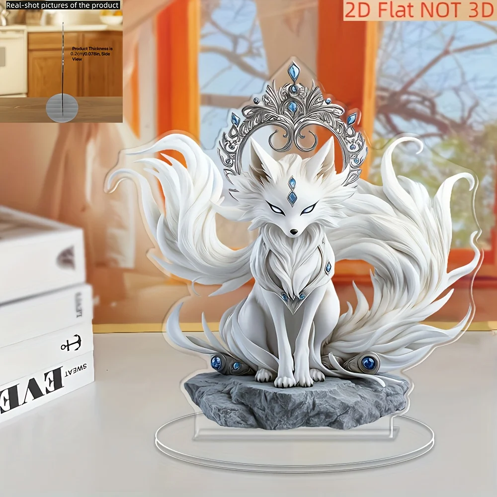 2D Flat, Bohemian-style White Nine-tailed Fox Statue, Adorned with a Silvery Crown and Blue Synthetic Gemstones- Artistic Acryli