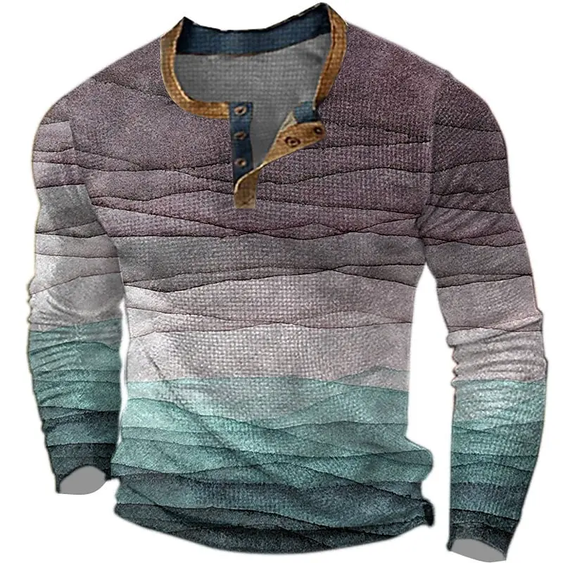 Color Block Henley Shirts Gradient 3D Print Streetwear Men\'s Fashion Button-Down Long Sleeve T Shirt Man Male Tees Tops Clothing
