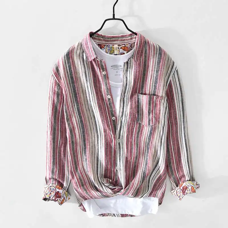 

New 757 Men's Casual Striped Linen Shirt Spring Summer Loose Fit PU Leather Polyester Fiber Long Sleeve CleanFit Collar