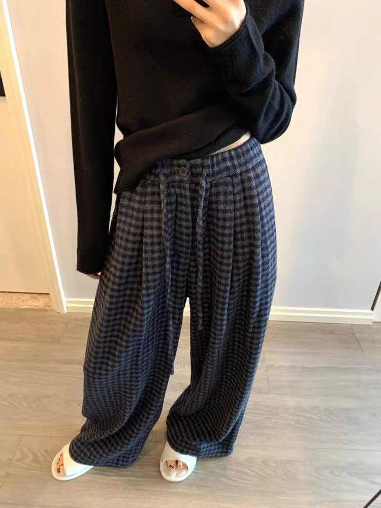 فو الفراء بنطال ذو قصة أرجل واسعة للنساء الخريف الرجعية منقوشة الرباط فضفاض سراويل تقليدية الكورية الشارع الشهير كل مباراة بنطلون مستقيم